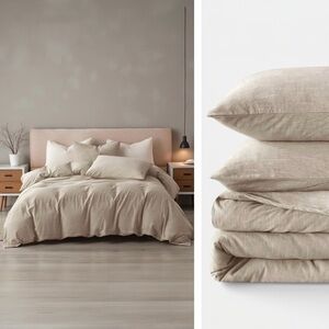 NEW West Elm Beige Linen Cotton Luxury  Queen / King Bedding Duvet & Sham Set
